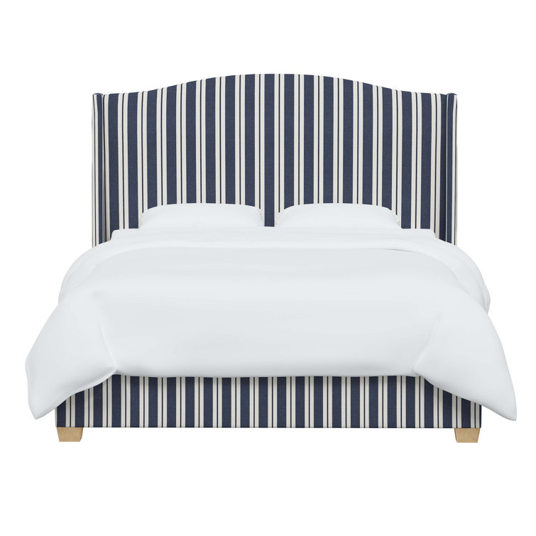 King Size Fritz Indigo Stripe Upholstered Wingback Bed