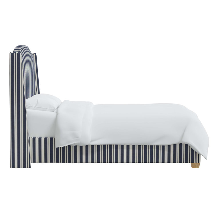 King Size Fritz Indigo Stripe Upholstered Wingback Bed