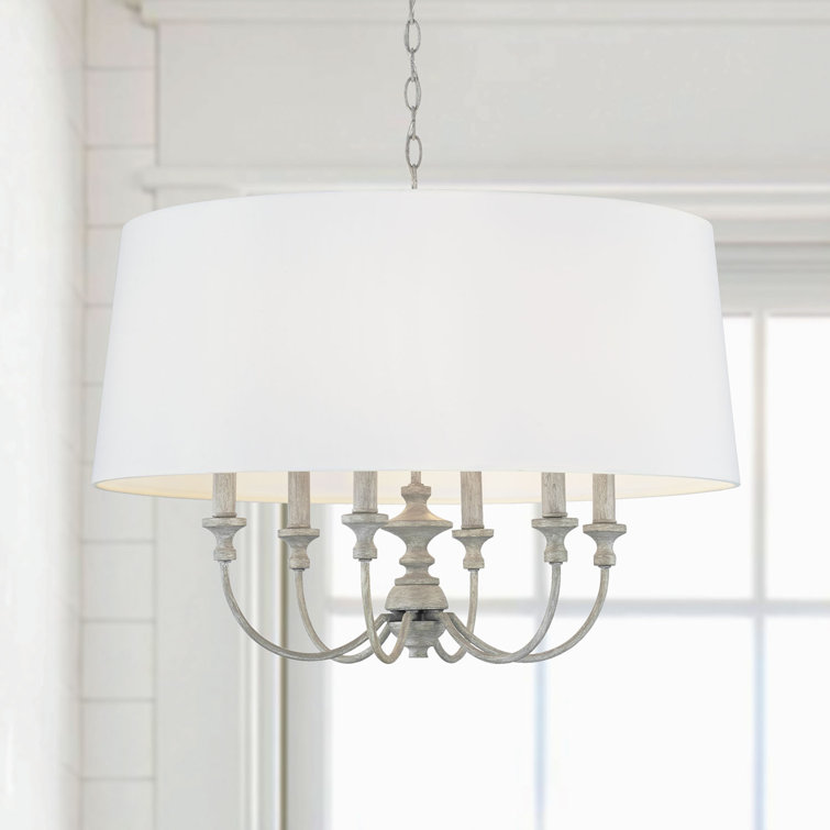 Penelope Chic Rustic 6-Light Painted Grey Pendant with White Fabric Shade