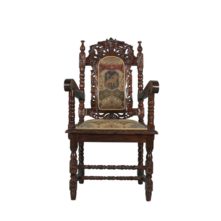 Handcrafted Charles II Solid Mahogany Armchair with Jacquard Tapestry