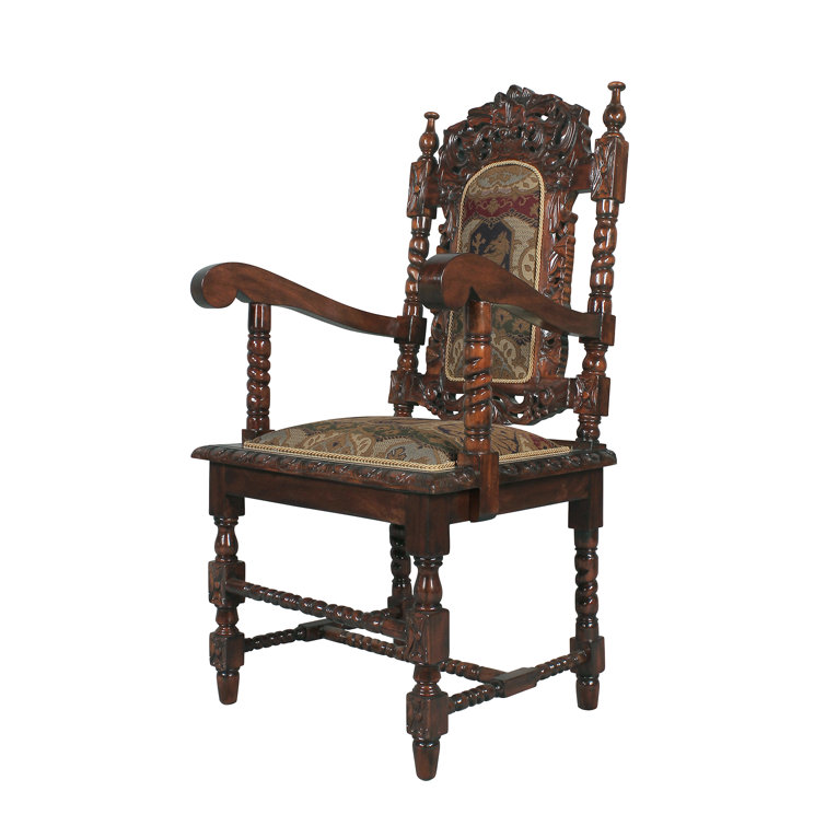 Handcrafted Charles II Solid Mahogany Armchair with Jacquard Tapestry