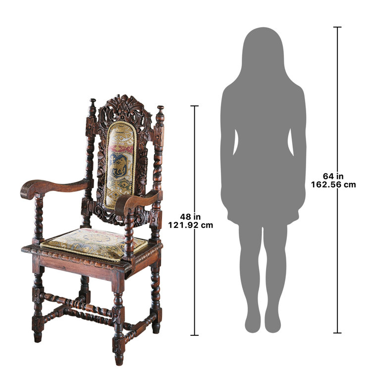 Handcrafted Charles II Solid Mahogany Armchair with Jacquard Tapestry