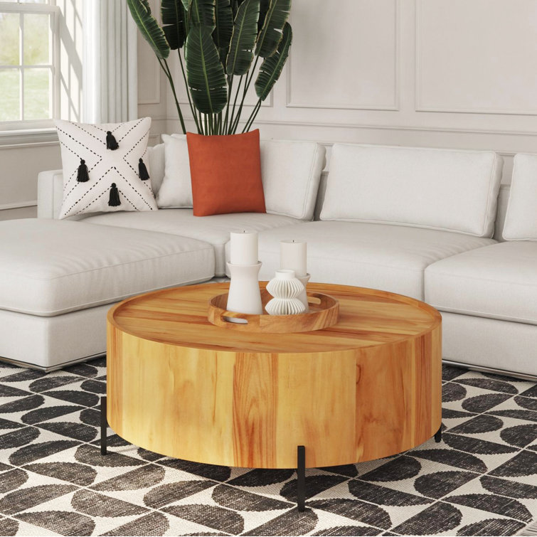Natural Teak Round Drum Coffee Table with Metal Legs