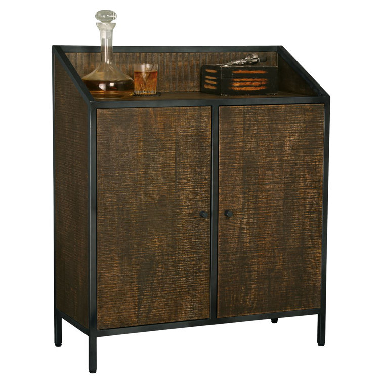 Vintage Charcoal Gray & Dark Brown Wine Bar Console with Storage