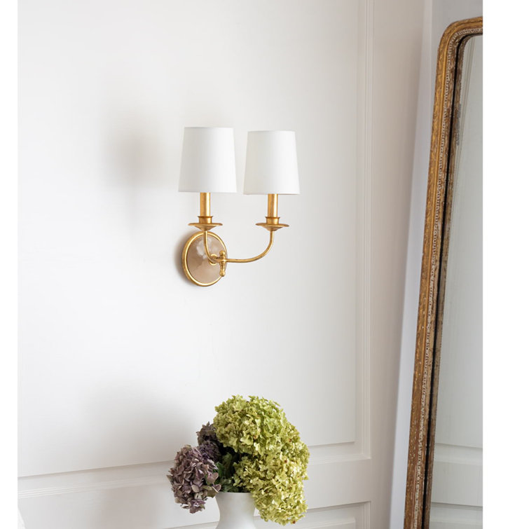 Gold Polished Brass Double Sconce with Linen Shades