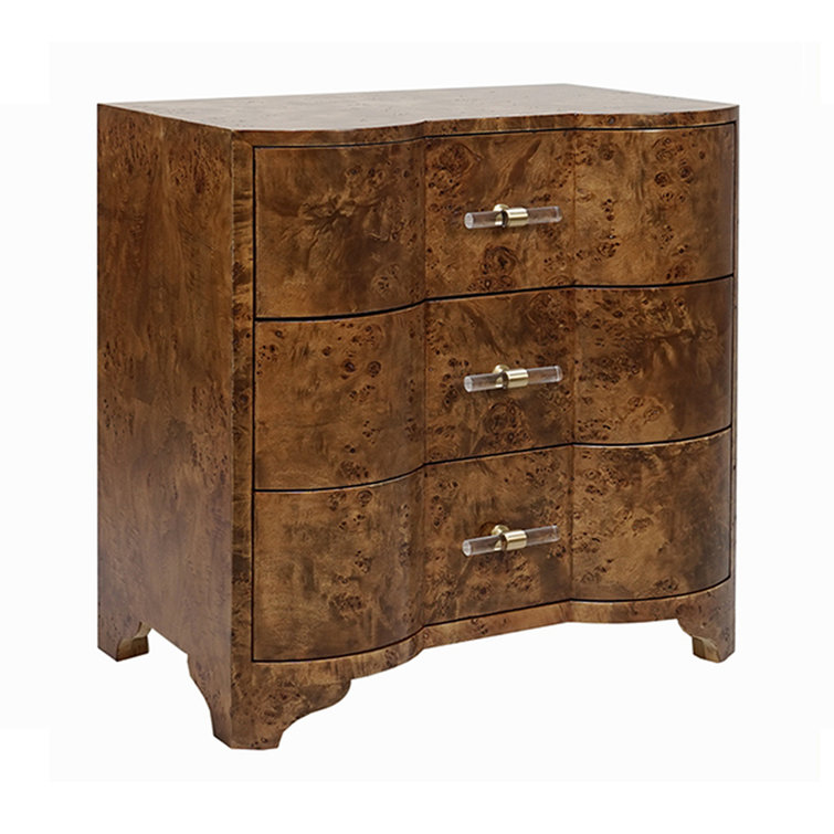 Matte Dark Burl Wood Three-Drawer Nightstand with Metal Handles