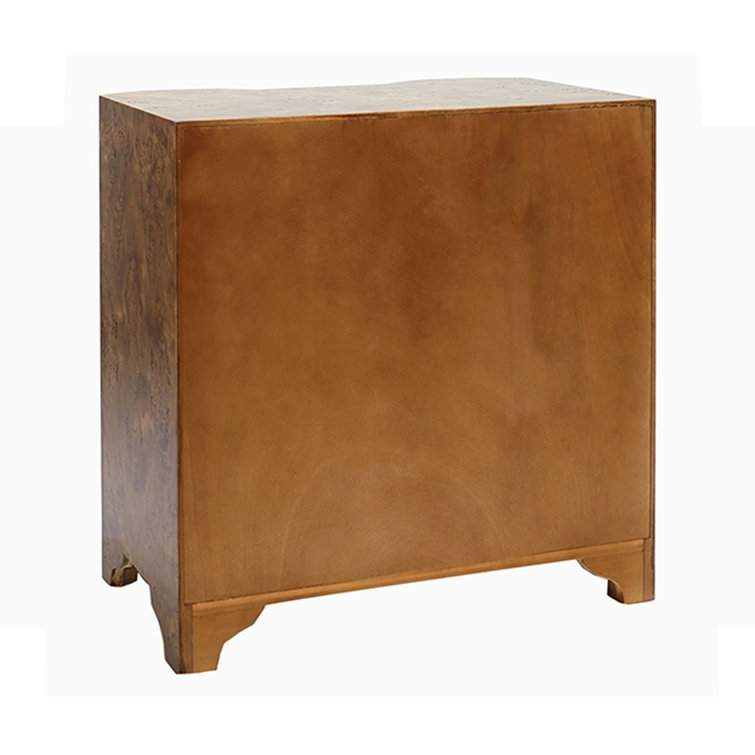 Matte Dark Burl Wood Three-Drawer Nightstand with Metal Handles