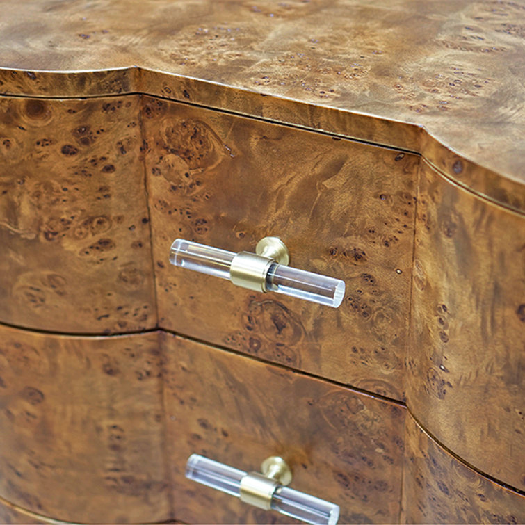 Matte Dark Burl Wood Three-Drawer Nightstand with Metal Handles