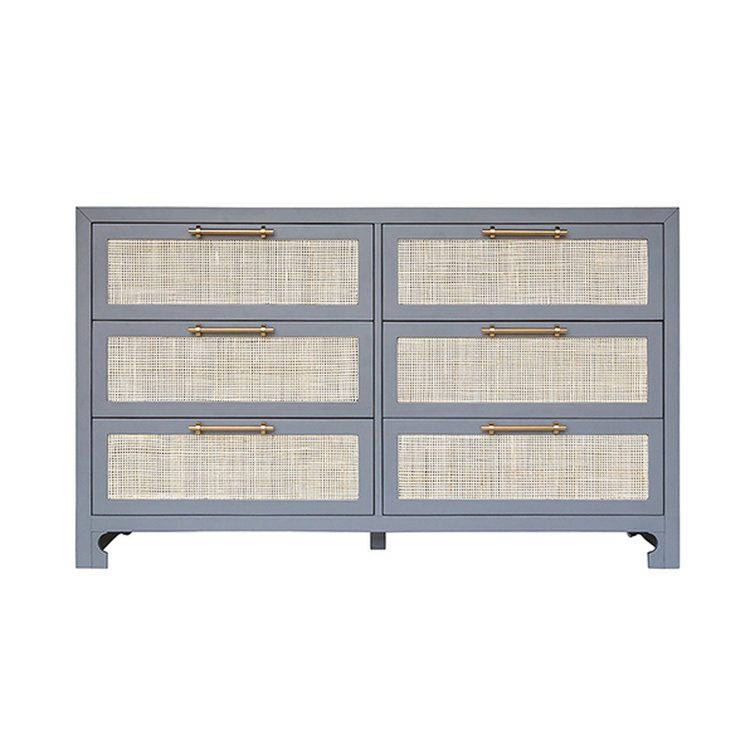 Coastal Elegance Matte Grey Double 6-Drawer Dresser with Hand-Woven Caning