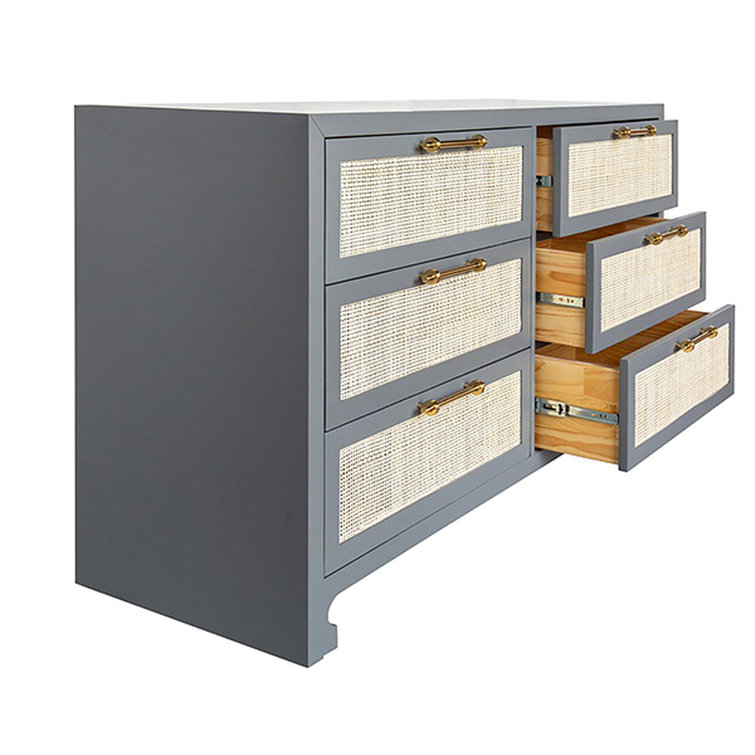 Coastal Elegance Matte Grey Double 6-Drawer Dresser with Hand-Woven Caning