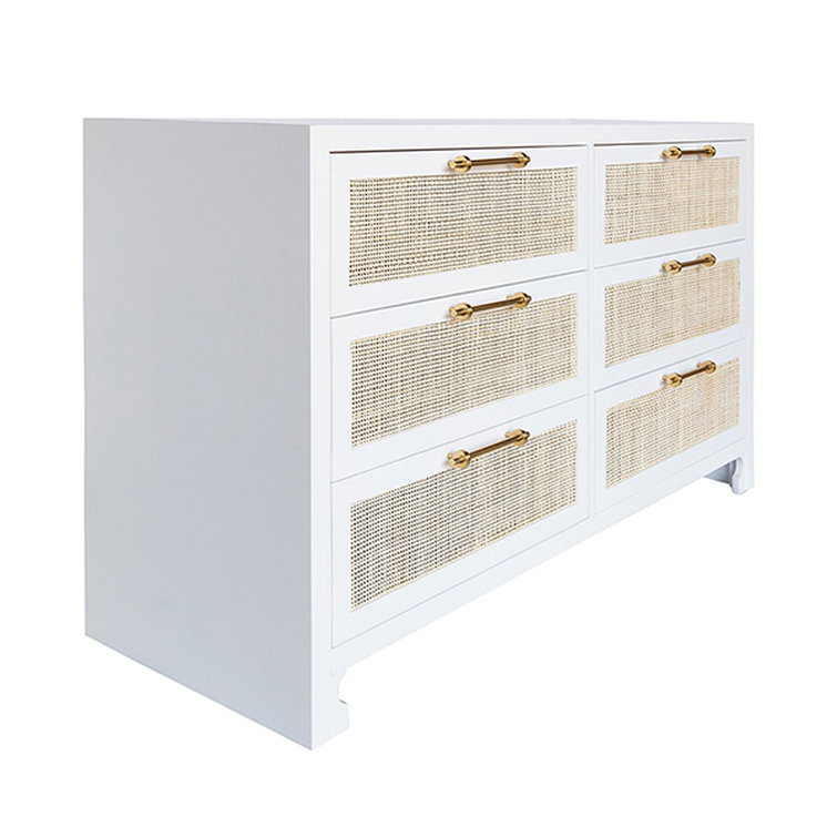 Matte White Coastal 6-Drawer Dresser with Caning