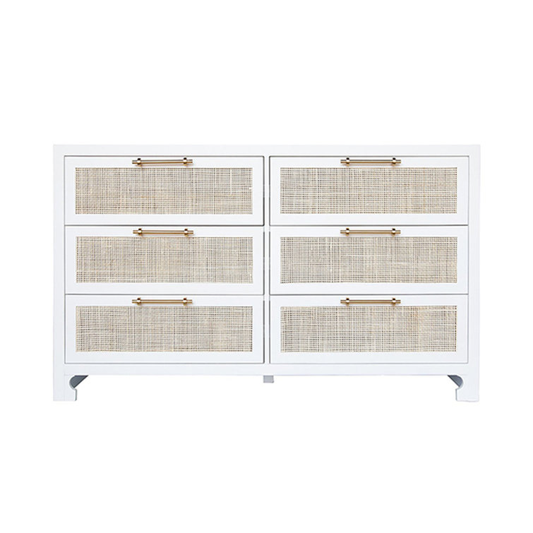 Matte White Coastal 6-Drawer Dresser with Caning