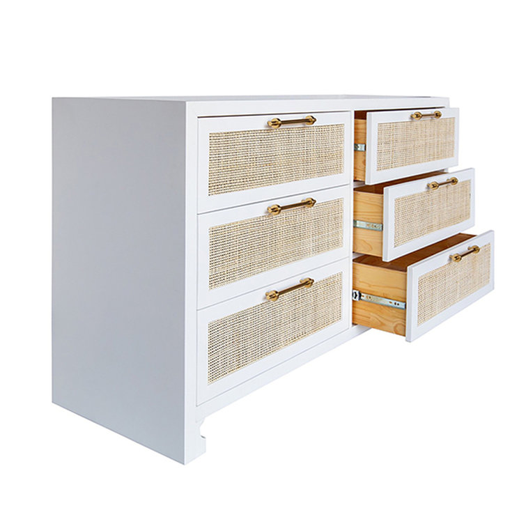 Matte White Coastal 6-Drawer Dresser with Caning