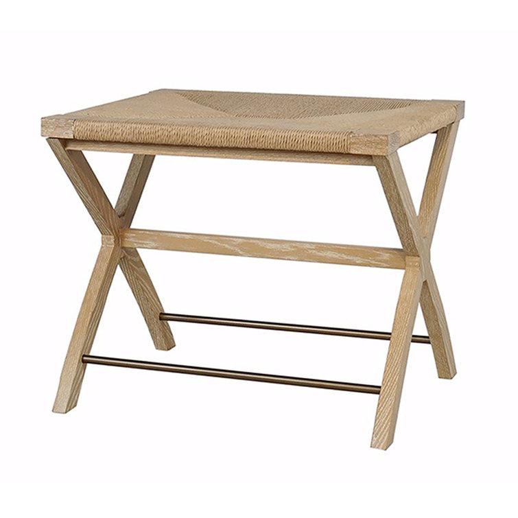 Cerused Oak and Beige Woven Rush Accent Stool