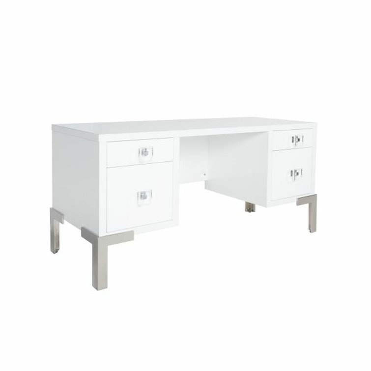 Matte White Lacquer and Nickel Home Office Desk with Drawers