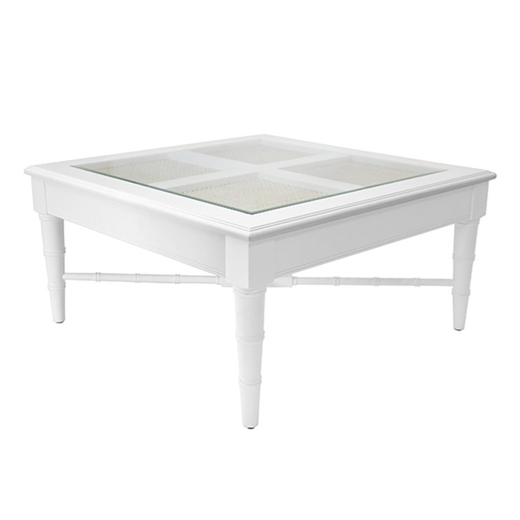 Modern Square Clear Glass Top Coffee Table with White Wood Base