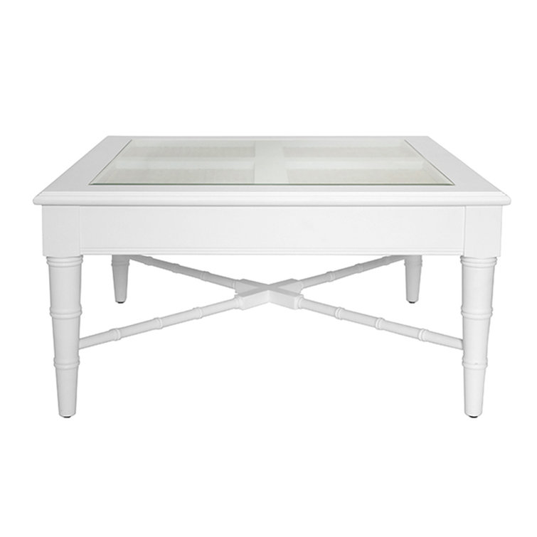 Modern Square Clear Glass Top Coffee Table with White Wood Base