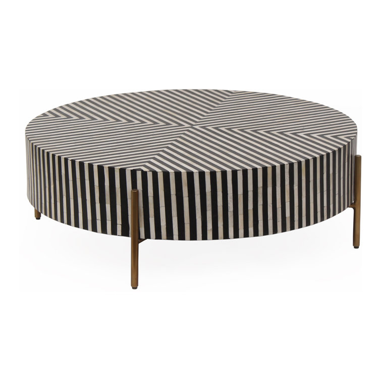 Round Black and White Resin Coffee Table with Bone Inlay