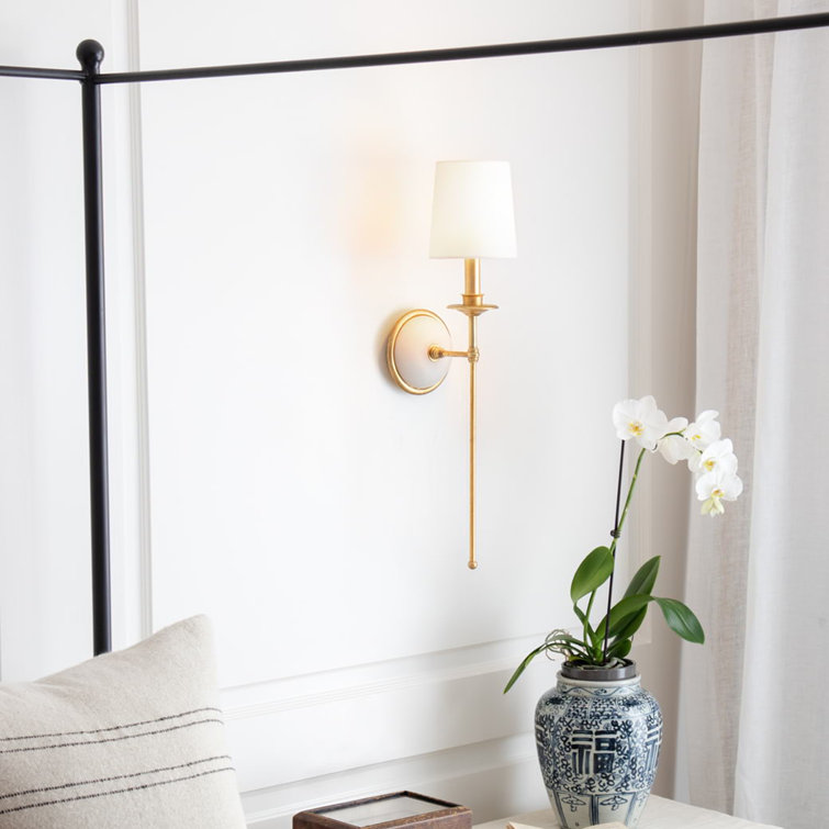 Gold Leaf Polished Brass Single Light Sconce with Linen Shade