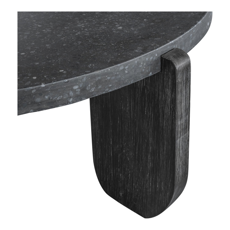 Black Round Stone Top Coffee Table with Acacia Legs