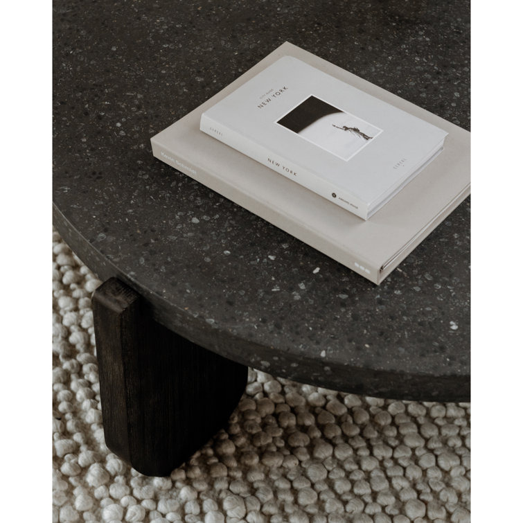 Black Round Stone Top Coffee Table with Acacia Legs
