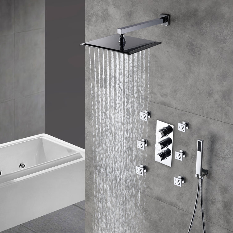 Chrome Dual Square Wall Mounted Shower System with Handheld and Body Jets