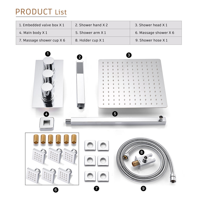 Chrome Dual Square Wall Mounted Shower System with Handheld and Body Jets