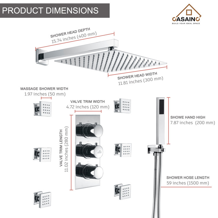 Chrome Dual Square Wall Mounted Shower System with Handheld and Body Jets