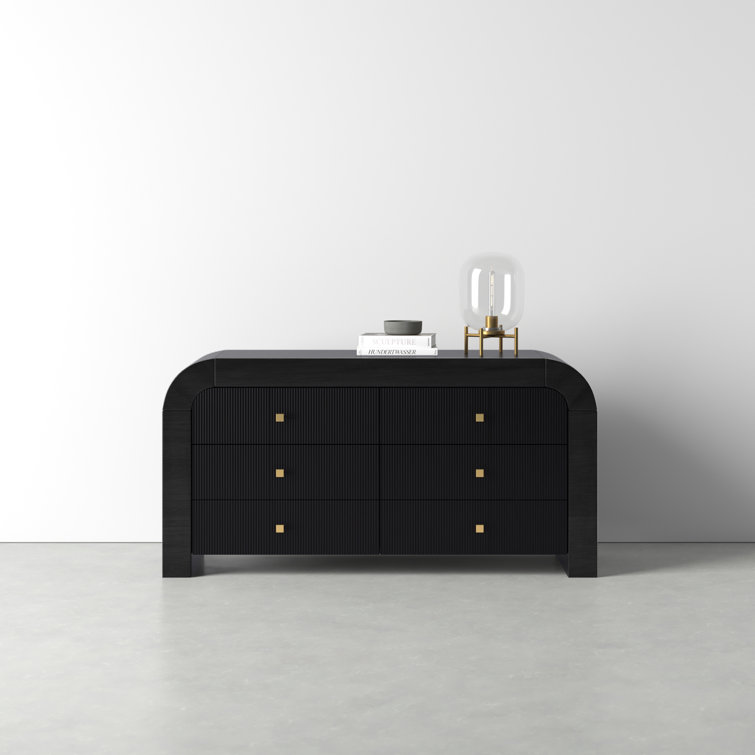 Modern Acacia and Black MDF 6-Drawer Dresser with Soft Close