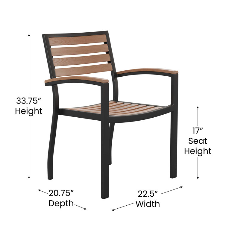 Black Metal and Faux Teak Outdoor Dining Armchair Set
