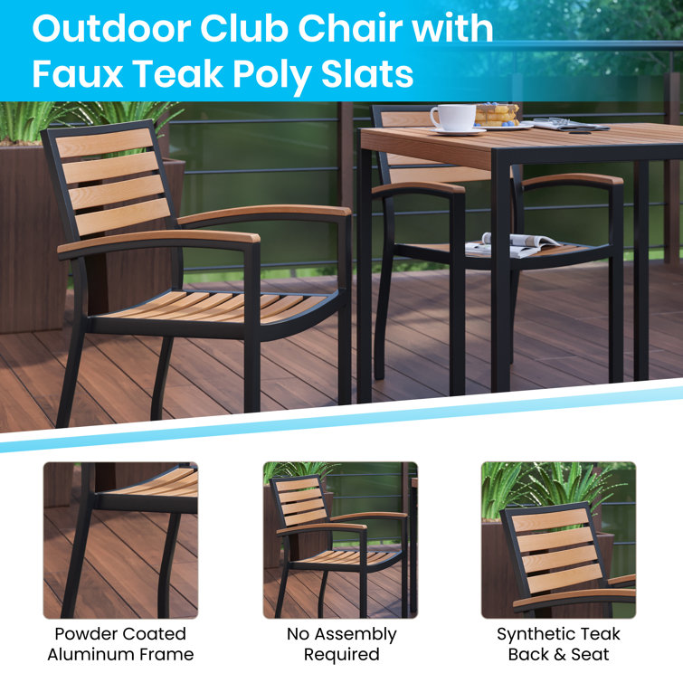Black Metal and Faux Teak Outdoor Dining Armchair Set