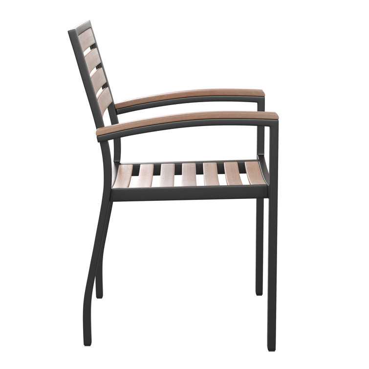 Black Metal and Faux Teak Outdoor Dining Armchair Set
