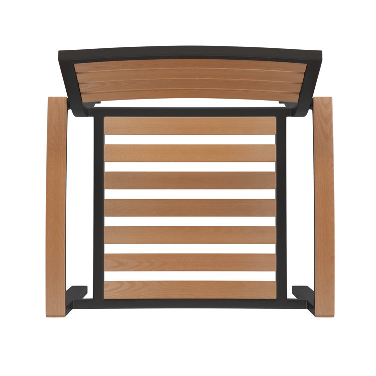 Black Metal and Faux Teak Outdoor Dining Armchair Set