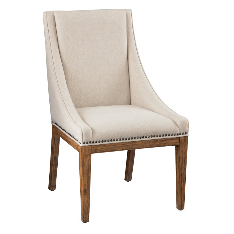 Cream Linen Upholstered Accent Chair with Brown Wood Frame