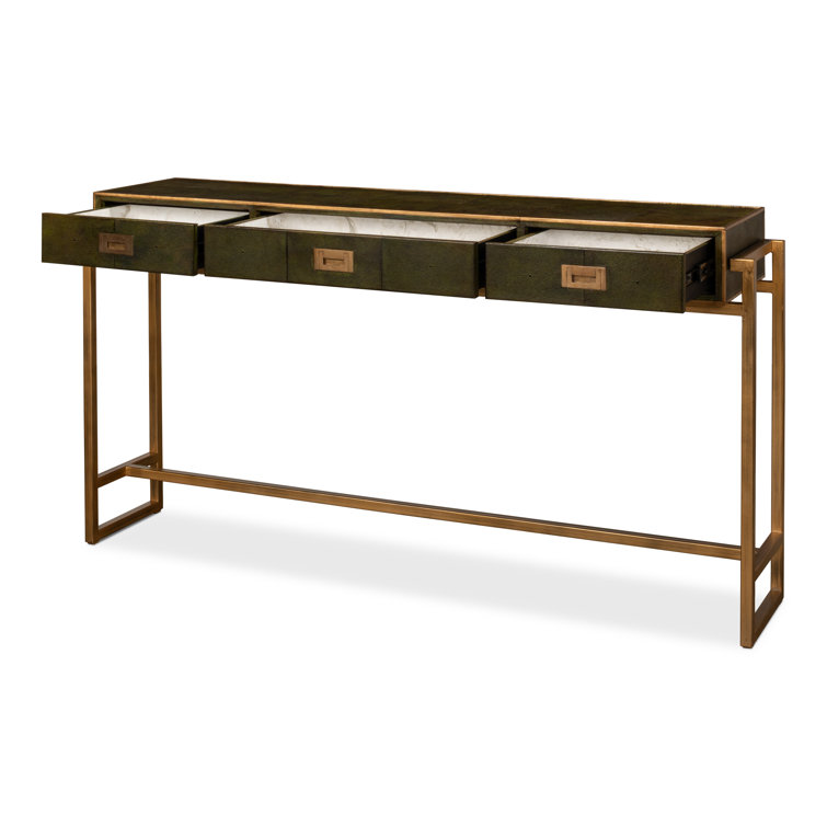 Leaf Green Iron Console Table with Brass Hardware and Leather Accents