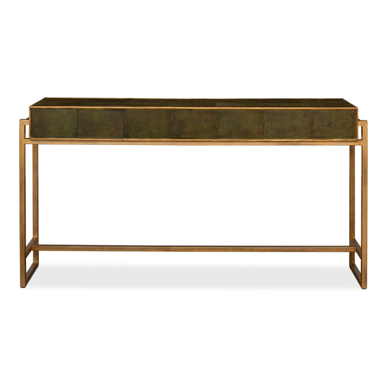 Leaf Green Iron Console Table with Brass Hardware and Leather Accents