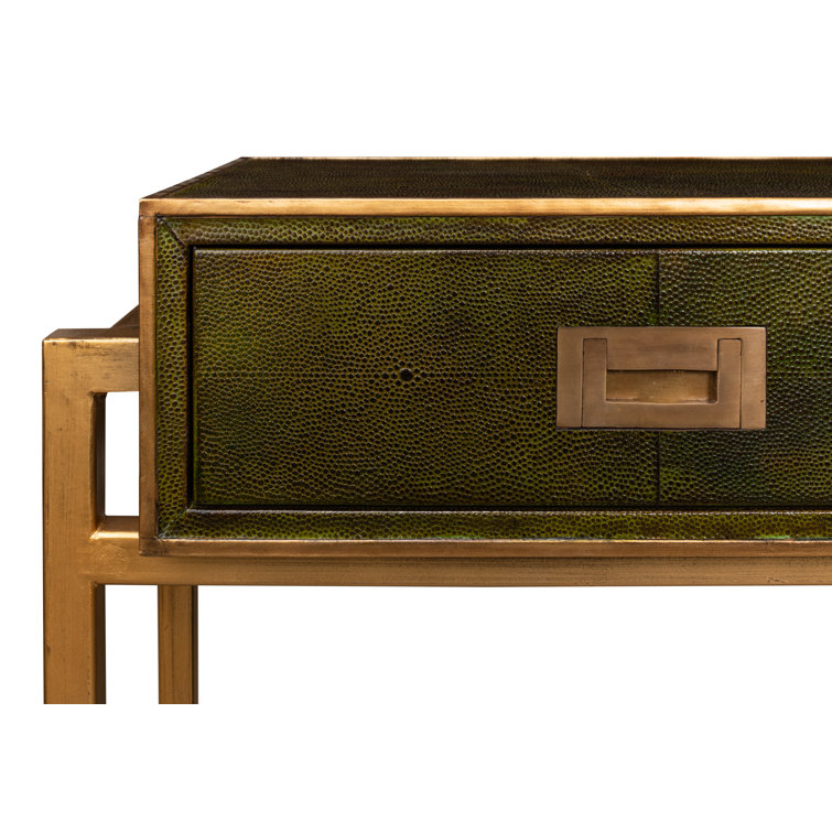 Leaf Green Iron Console Table with Brass Hardware and Leather Accents