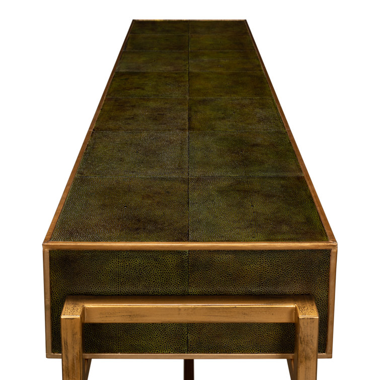 Leaf Green Iron Console Table with Brass Hardware and Leather Accents