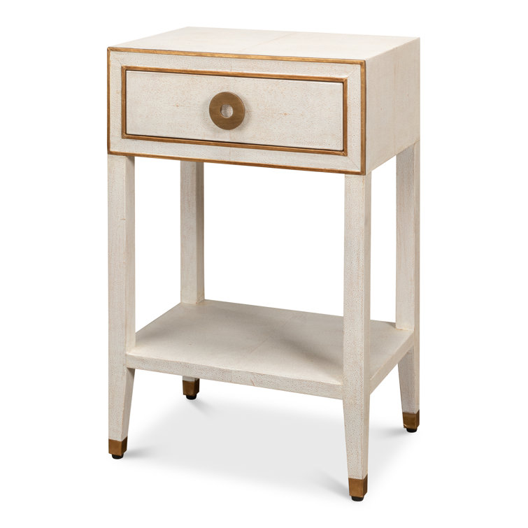 Osprey White Solid Wood Nightstand with Leather Top and Brass Handle