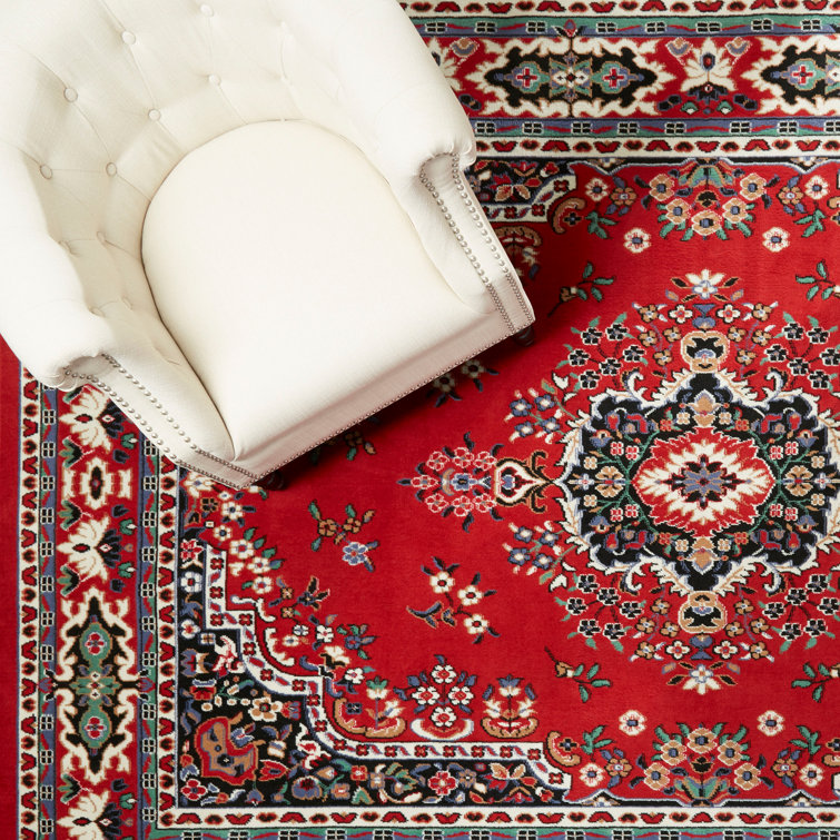 Red and Cream Synthetic Oriental Area Rug, 5'2" x 7'4"
