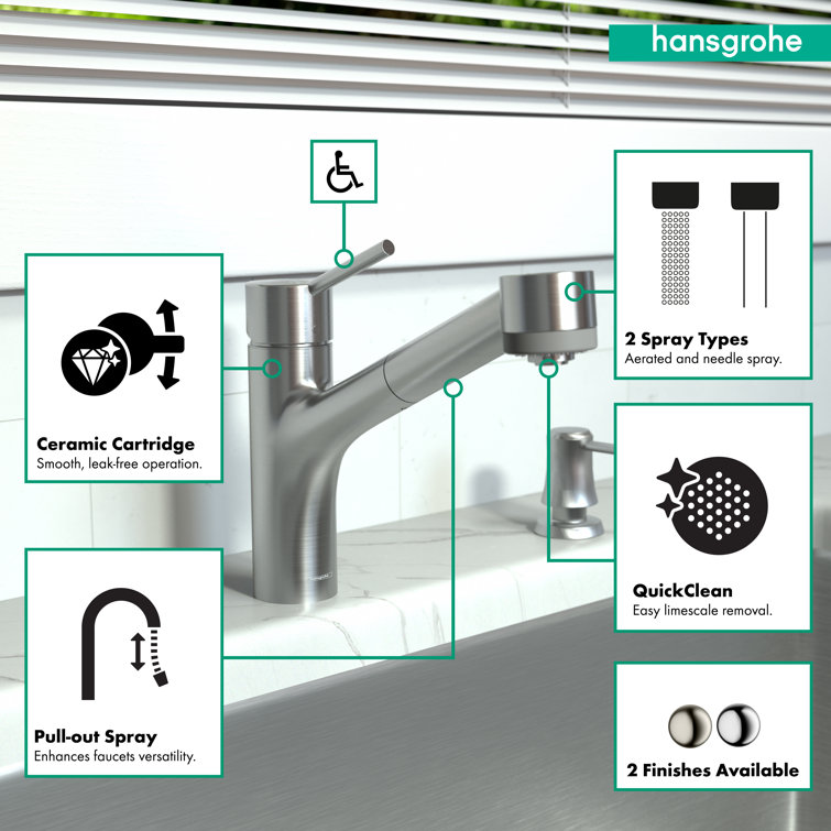 Modern Steel Optik Pull-Out Spray Kitchen Faucet in Chrome