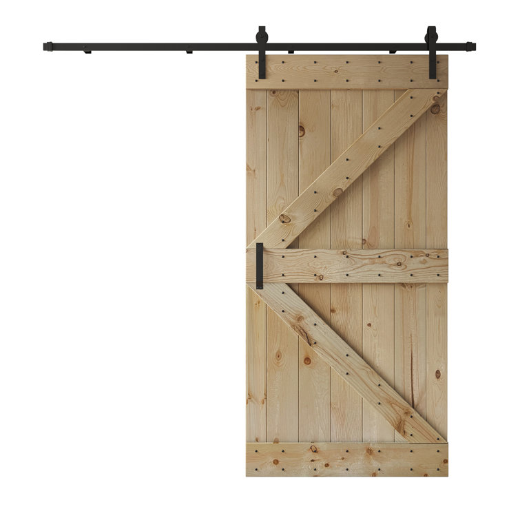 Unfinished Pine Wood Sliding Barn Door with Black Hardware Kit