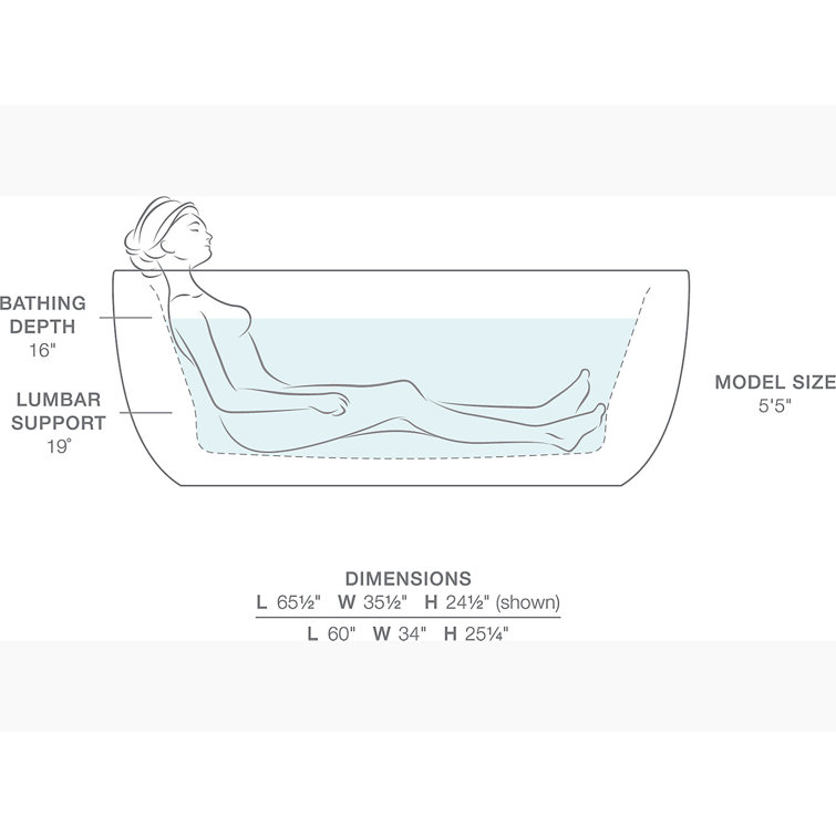White Acrylic 66" Freestanding Oval Soaking Bathtub