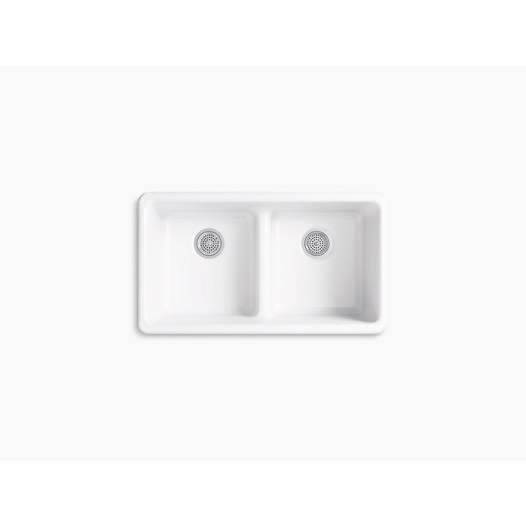 White Cast Iron 33" Drop-in Double Bowl Kitchen Sink