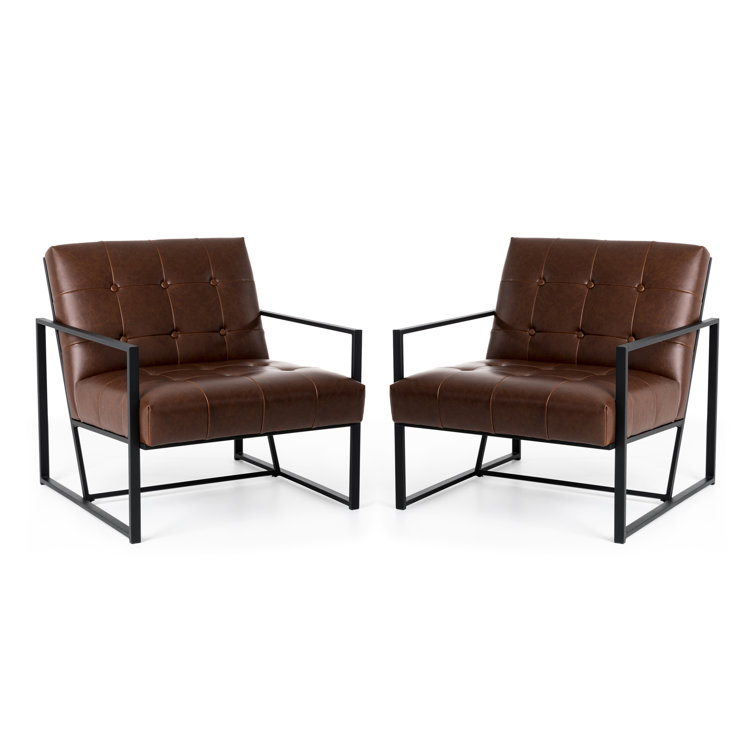 Set of 2 Brown Faux Leather and Metal Accent Chairs