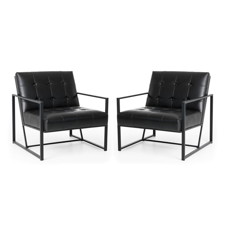 Modern Black Faux Leather Barrel Accent Chair with Metal Frame