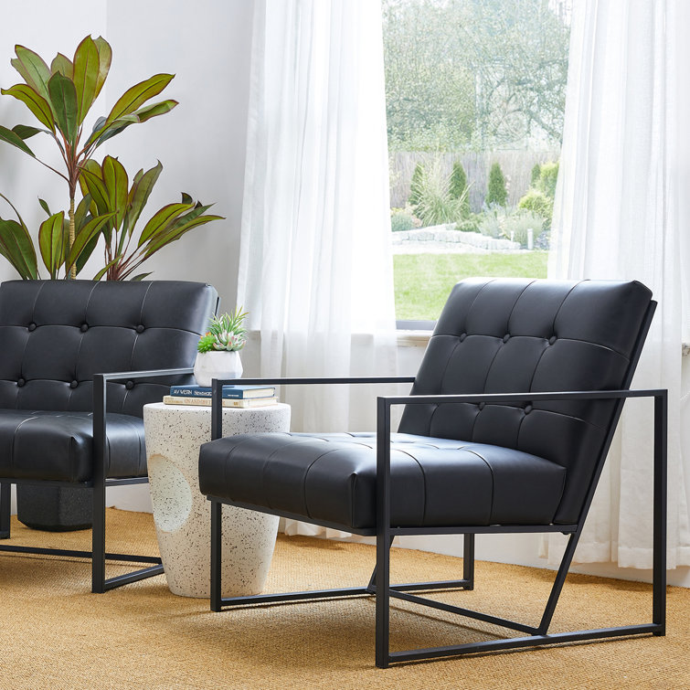 Modern Black Faux Leather Barrel Accent Chair with Metal Frame
