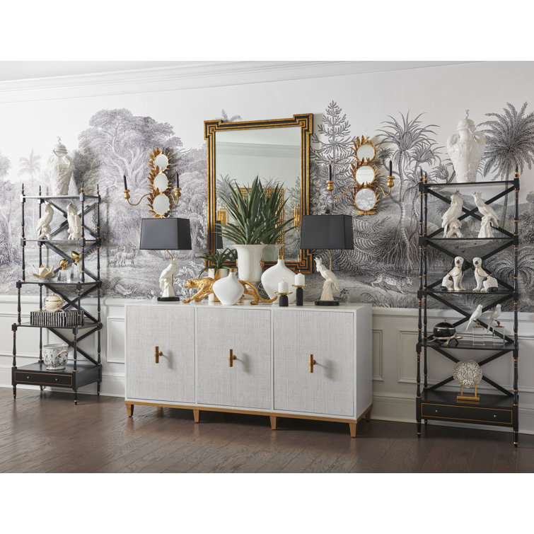 Black and Gold Poplar Wood Chinoiserie Bookcase with Glass Shelves