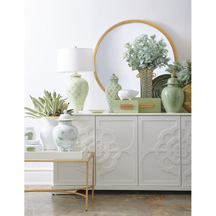 Green and White Ceramic Decorative Table Urn, 20"