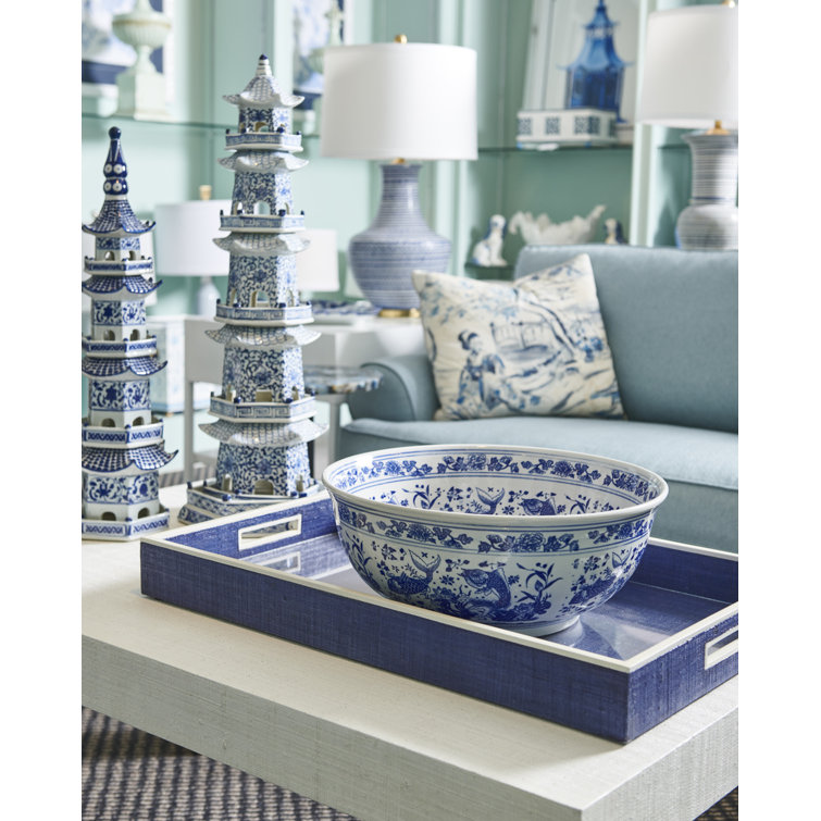 Coastal Blue-White Glazed Ceramic Table Lamp with Off-White Silk Shade